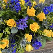 Yellow Rose and Blue Flower Coffin Spray